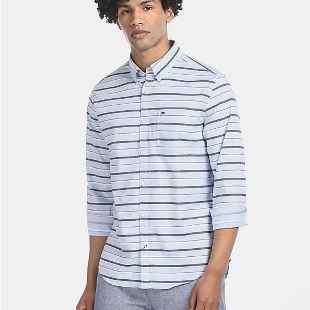 Tommy Hilfiger Blue Slim Fit Striped Button-Up Shirt Size XL NWT